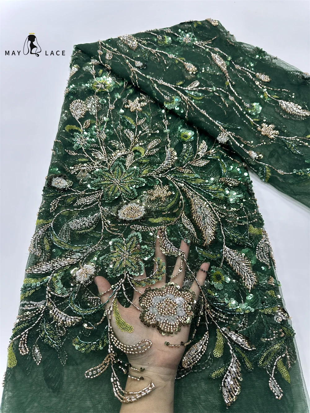 

Green French Mesh Lace Fabric Beads 2025 African Lace Fabrics Nigerian Mesh Sequins Lace Fabric For Diy Dresses Party Wedding