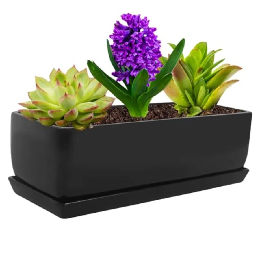 Rectangular Modern Minimalist Ceramic Succulent Planter Pot - Window Box with SaucerOffice Desktop Potted Stand VF-0175B