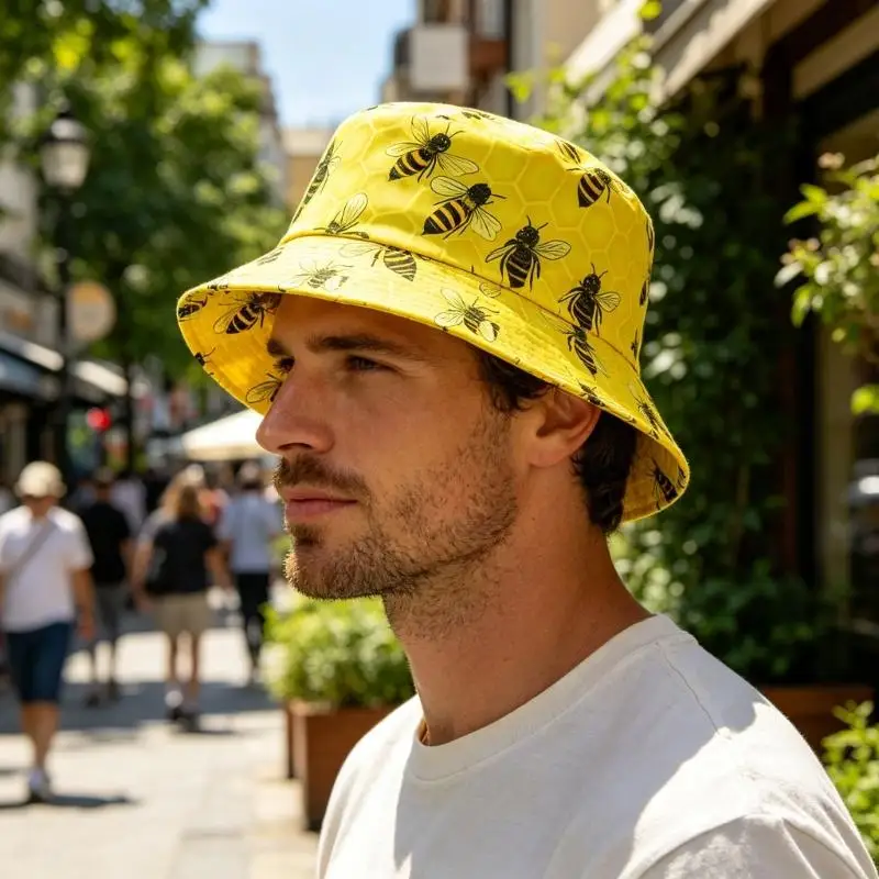 31BB Cotton Yellow Sun Hat with Printed Pattern for Travel and Outdoor Wear