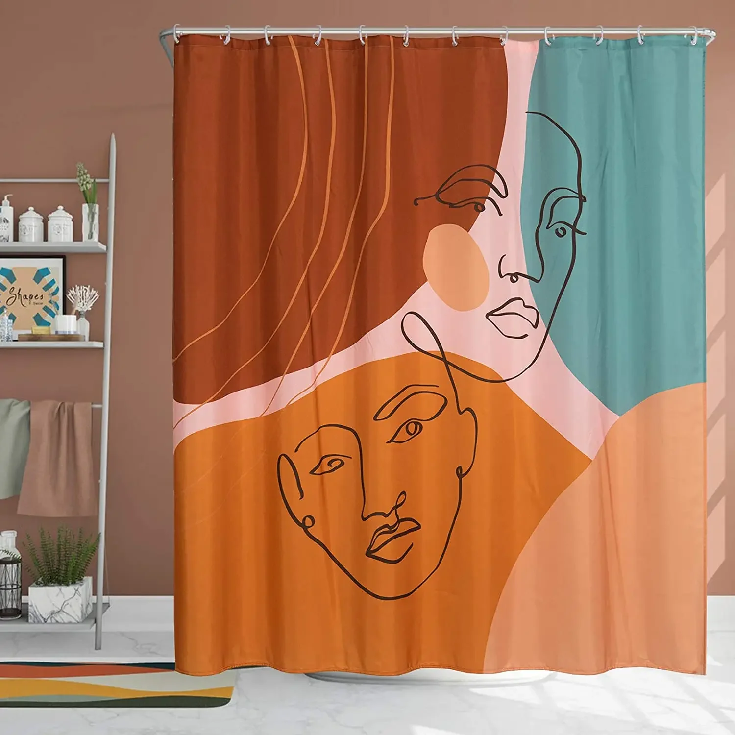 Aesthetic Terracotta Fabric Shower Curtain Sets Minimalist Abstract Modern Shapes Line Art Human Faces Vintage Cute Scandinavian
