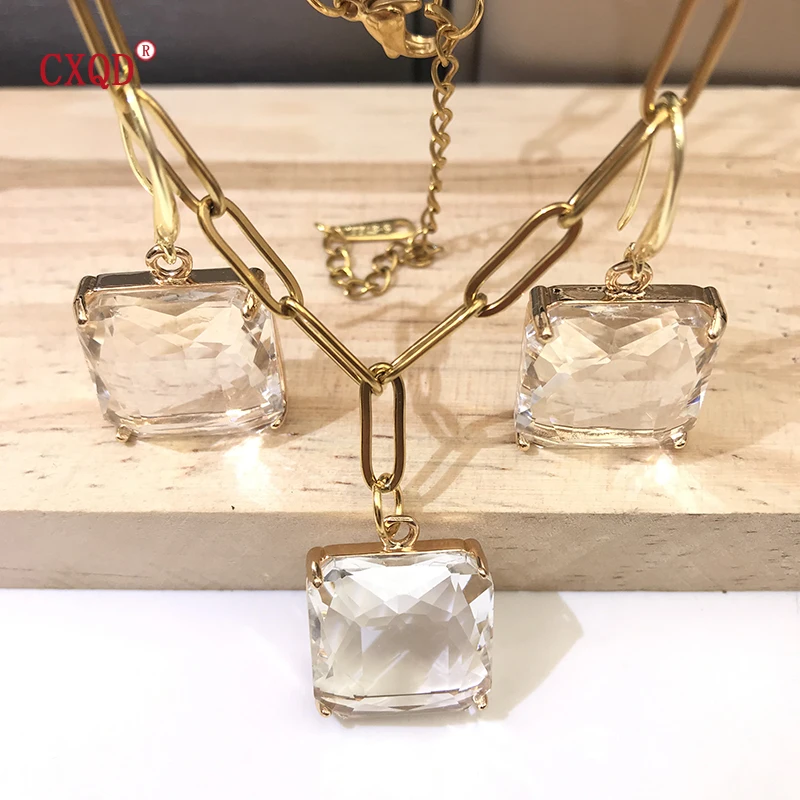 Colorful Clear Square Glass Pendant Necklace For Women Stainless Steel Chain Fashion Earrings Jewelry Original Accessories Set