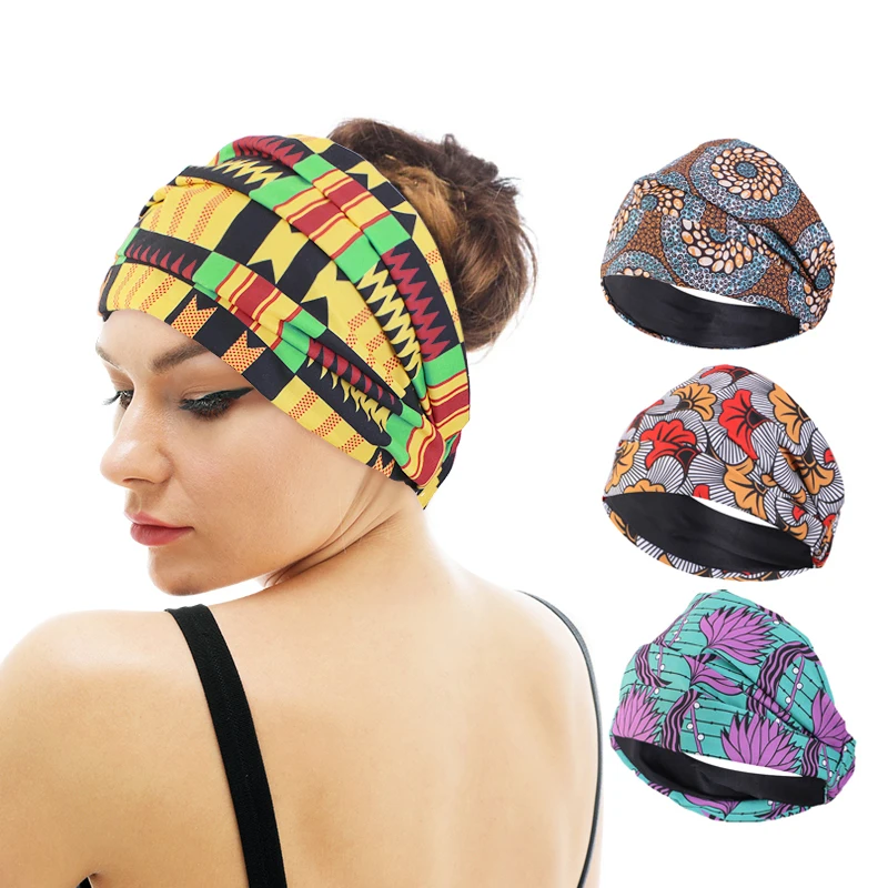 New African Print satin lining Headband Women's Sport Elastic Head Wrap Turban Bandana Wide Stretch Hair Band Hair Accessories