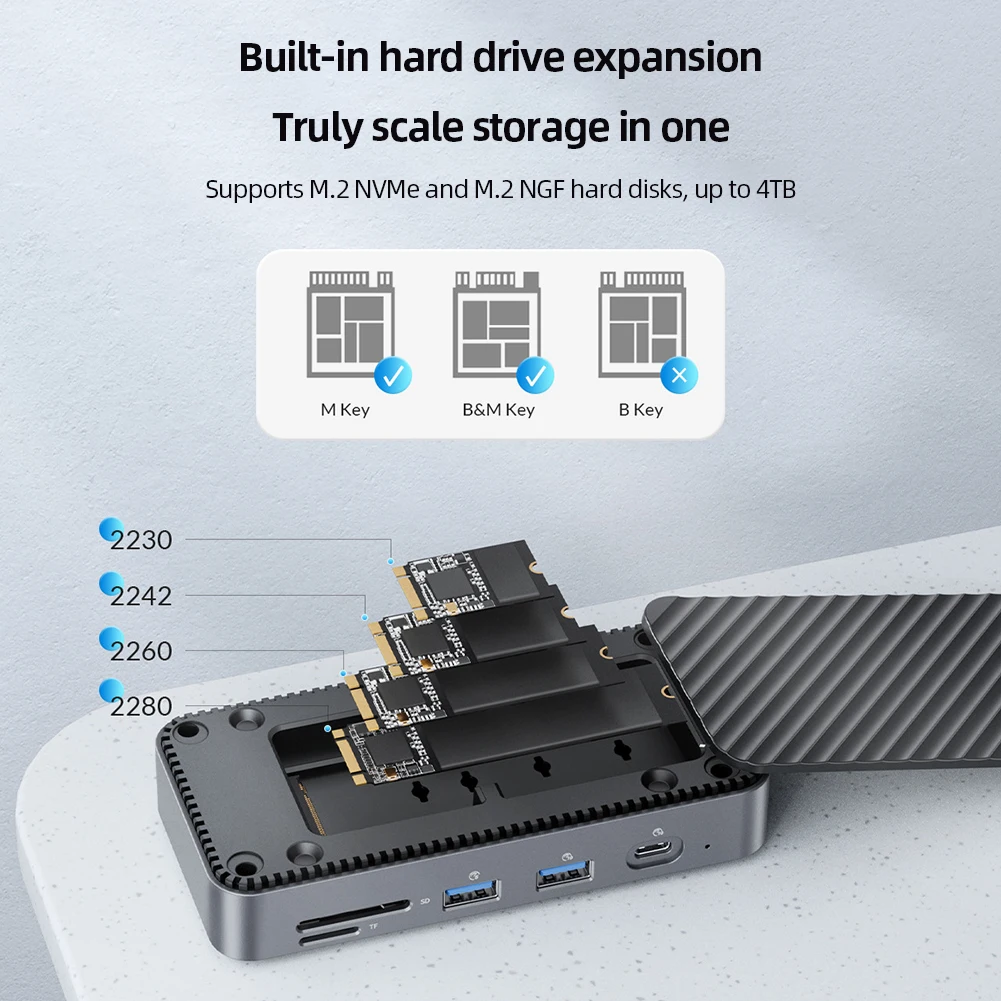 ORICO 10 in 1 Docking Station M.2 SSD Enclosure USB C 10Gbps PD 100W RJ45 SD/TF 4K Dock Station Plug and Play for Laptop Macbook