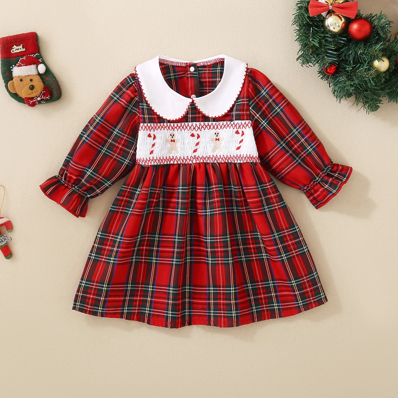 Spring Autumn Plaid Long Sleeve Embroidered Baby Girl Dress Cute And Sweet Skirt for Infants And Toddlers
