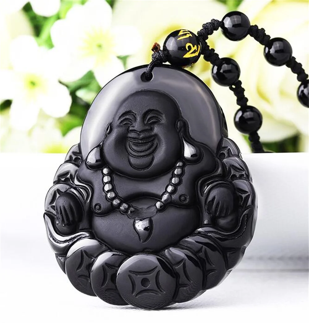 Drop Shipping 100% Natural Black Obsidian Carved Coin Buddha Lucky Amulet Pendant Necklace For Women Men pendants Fine Jewelry