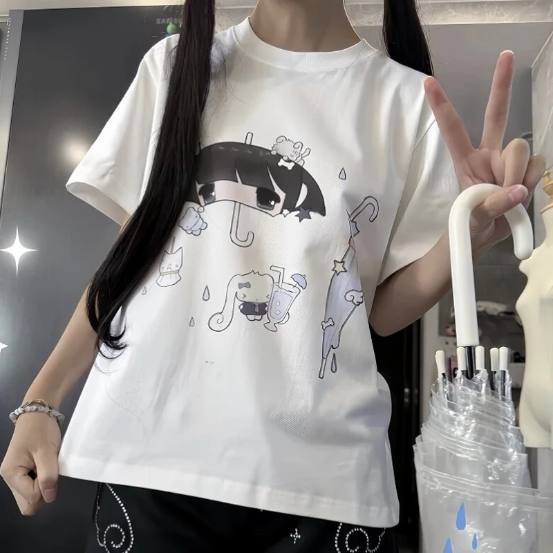 Camiseta japonesa de manga corta con estampado de paraguas para mujer, Top holgado de algodón para verano, ropa de calle Harajuku a la moda, ropa para mujer