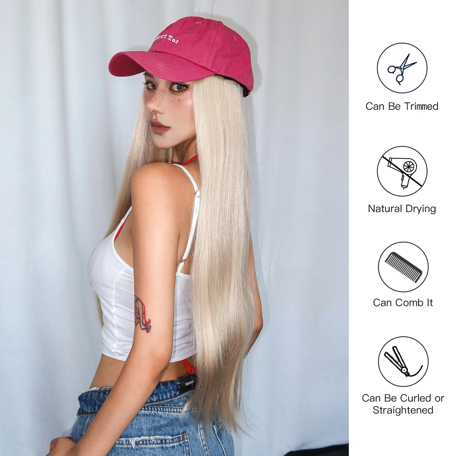 Long Straight Blonde Synthetic Hat Wigs Pink Baseball Cap With Hair Extensions One Piece Women Use Adjustable Connect Hat Wig