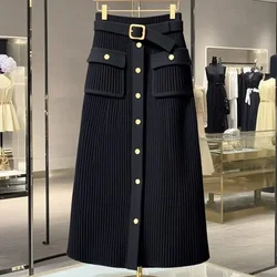 New High End Elegant Knitted Skirt Women Office Lady High Waist Fashion Single Breasted Slim Wrapped Hip Midi Skirt