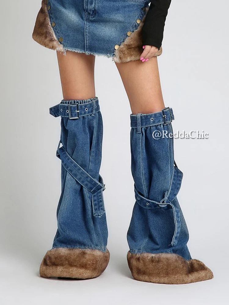 REDDACHiC Faux Fur Splice Denim Leg Warmers Women Grayu Y2k Zipper Slit Belted Plush Thigh Long Socks Boots Cover Retro Clothes