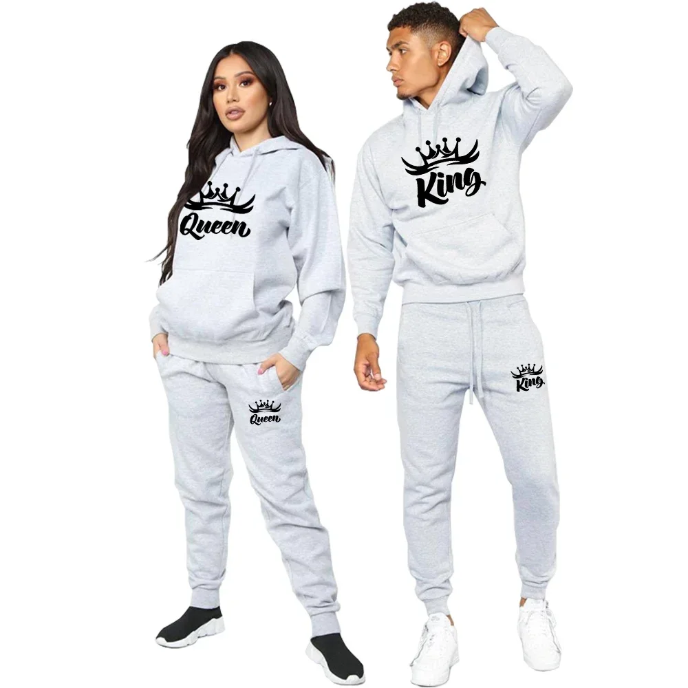 Couple Hoodies Sportwear Set Mens KING QUEEN Printed Lover Tracksuit Hoodie and Pants 2 Piece Hoodi Suits 2024  Lover Clothes