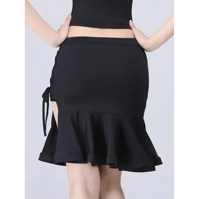 High Waist Latin Dance Practice Split Skirts Women Waltz Costume Classical Solid Color Competition Line Jazz Drawstring Skirt