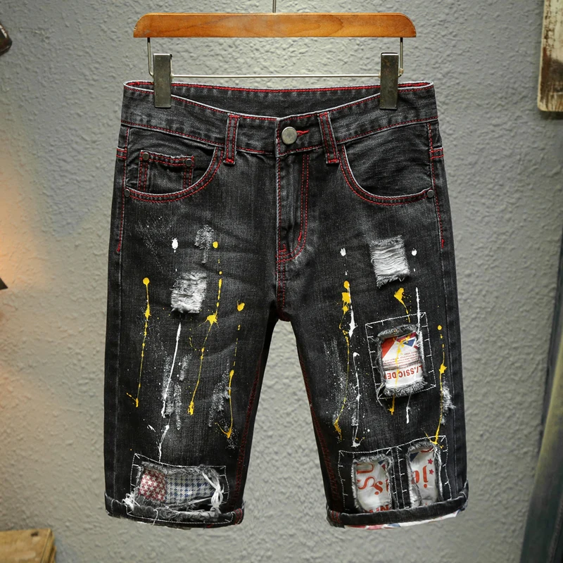 

Retro black ripped splashed ink summer slimming straight leg jeans men's elastic denim shorts denim jeans men's clothing