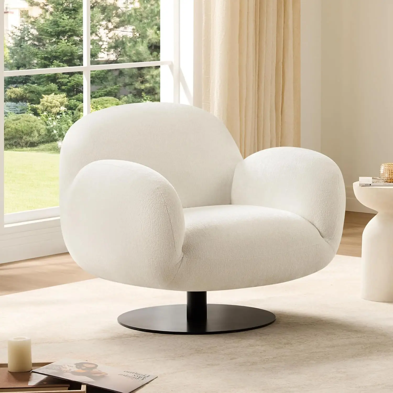 Fabric Swivel Accent Chair, Cloud Design, Metal Base, Cream, Customized