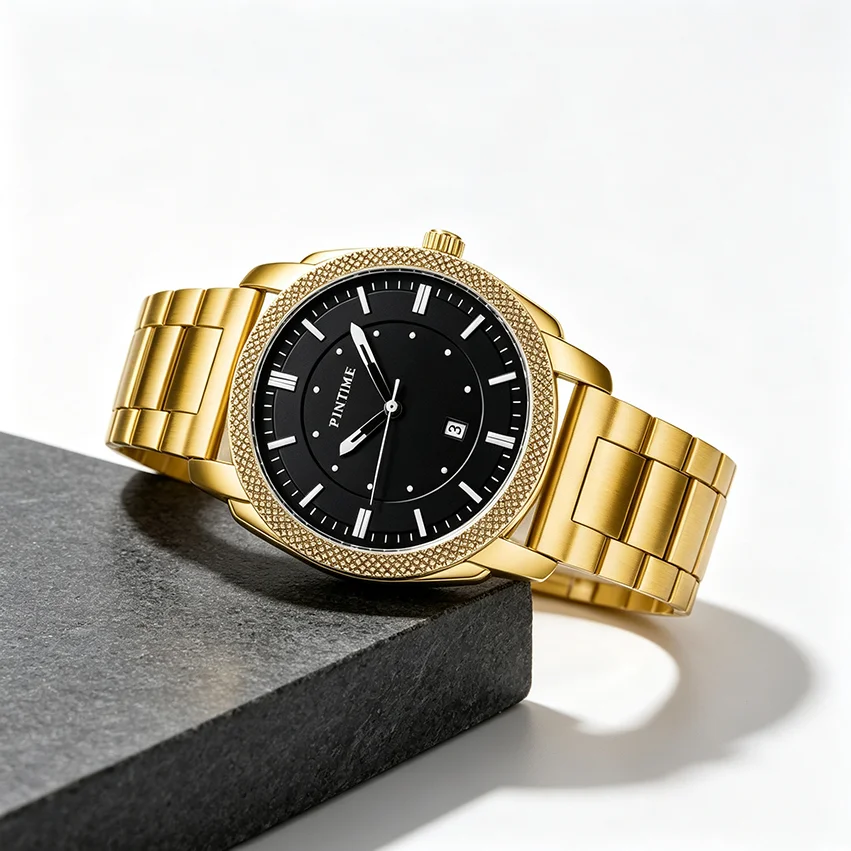 Classic Mens Wrist Watch PINTIME, Silver Metal Bracelet, Black Dial with Date Window, Business Dress Quartz Watch for Daily Wear
