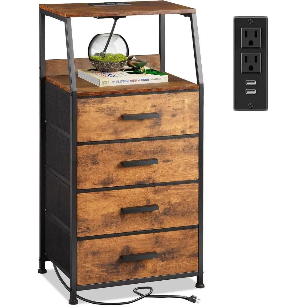

Nightstand with Charging Station, Fabric Drawers, Open Shelf Side Table, Bedroom and Hallway Storage Solutions