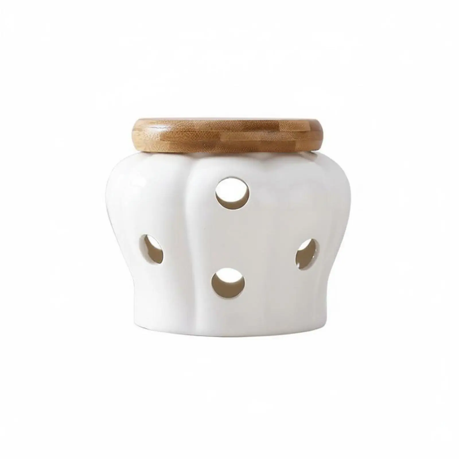 Ceramic Kitchen Storage Container with Vent Holes Bamboo Lid Garlic Holder Jar for Pantry Countertop Neat Storage