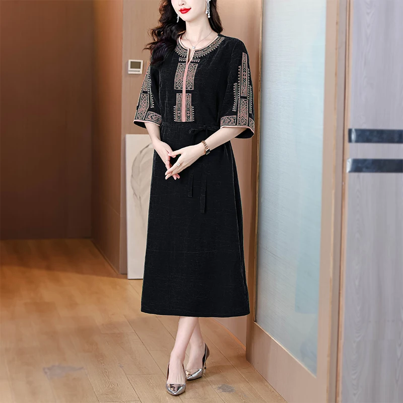 여름 정장 행사 실크 새틴 럭셔리 미디 드레스 여성 빈티지 자수 비치 보헤미안 드레스 2025 우아한 캐주얼 파티 드레스