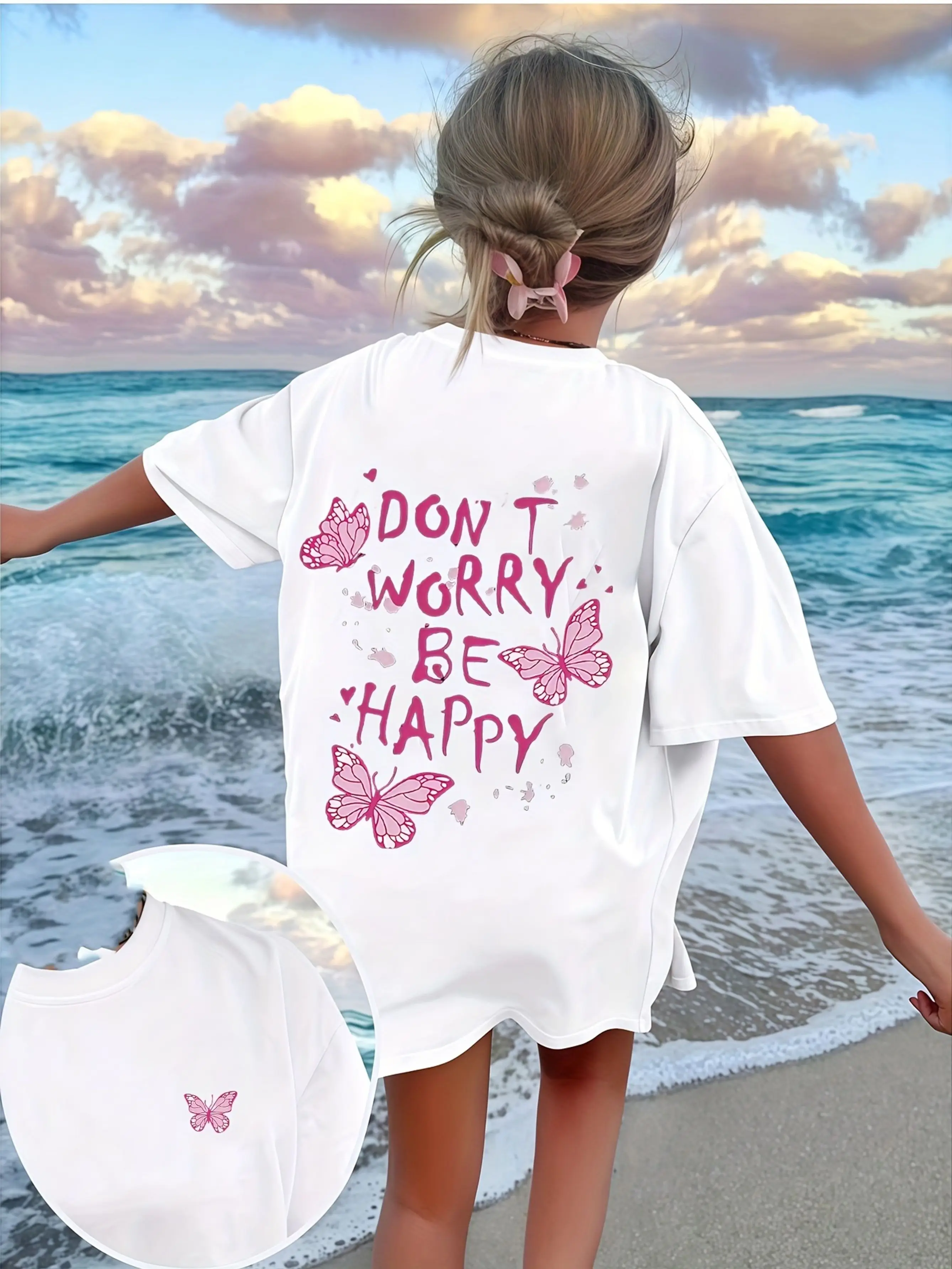 T-Shirt Featuring Butterfly Fit and A Cheerful 'Don'T Worry Be Happy' Messag Butterfly Print Makes It Perfect for Summer Outings