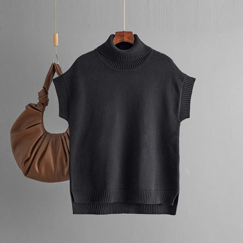 

Женская одежда, осень-зима 2025 г., однотонный пуловер без рукавов с высоким воротом, свитер, свободный вязаный жилет, топ