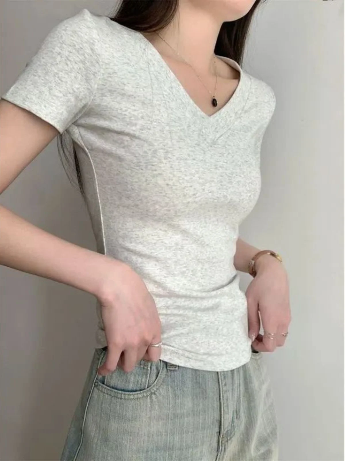 American Style Pure Cotton Short Sleeve T-Shirt Women Summer Hit V-Neck Slimming Short Length Sexy Shoulder Level Top