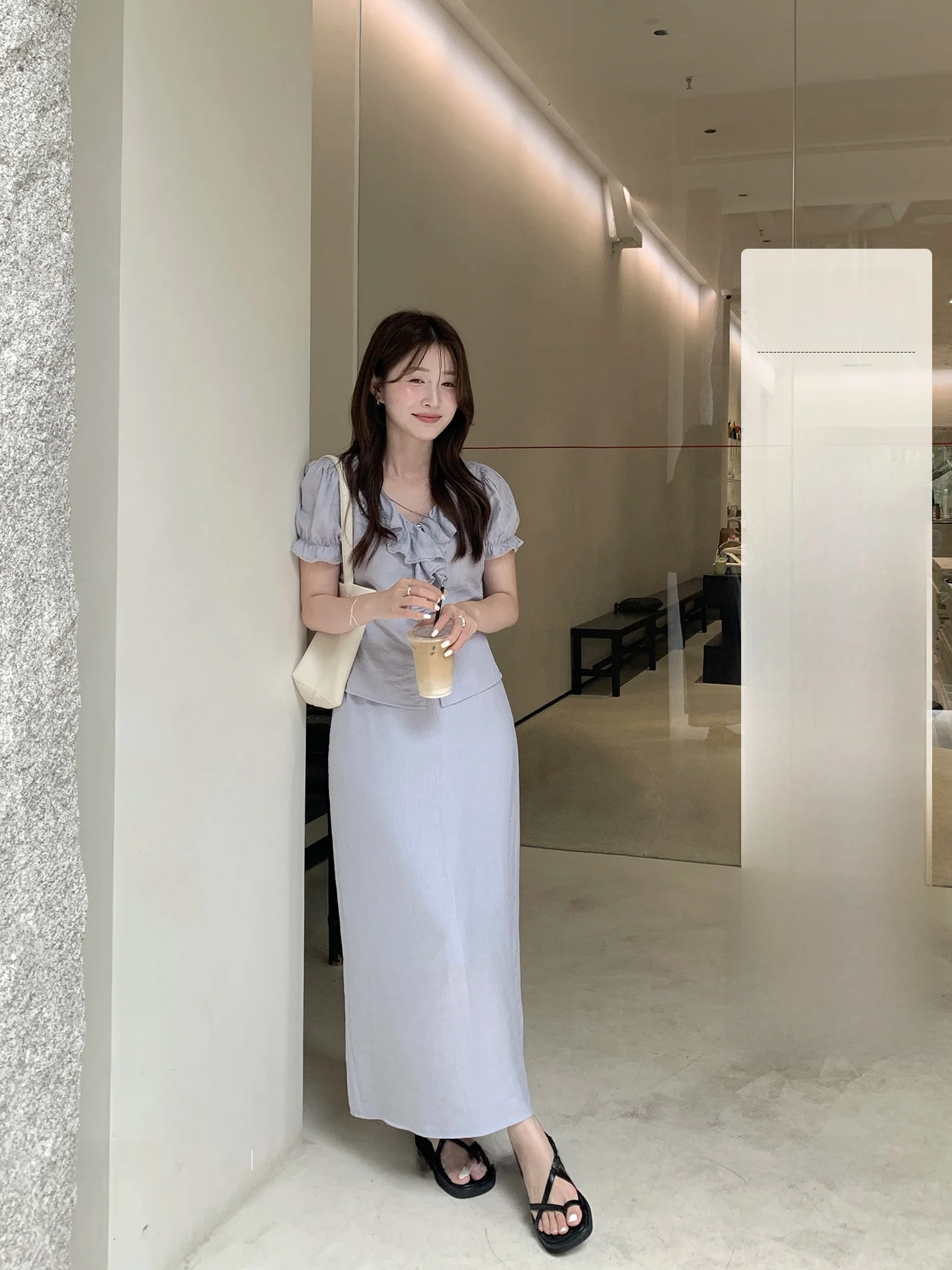 

Miao Korean Style Bubble Sleeve Shirt And Half Skirt Set Women's Fashion Summer Outfit Gentle Two-Piece Ensemble Breathable