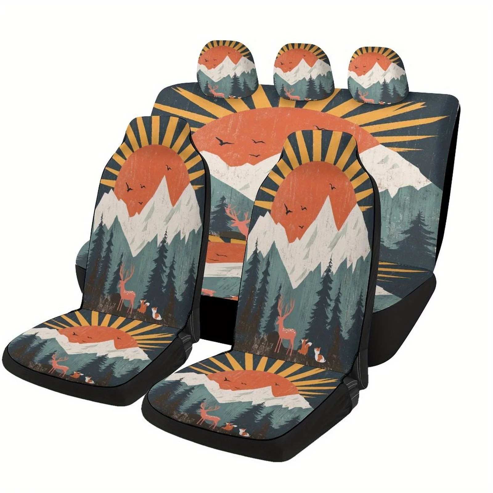 Mountain Sunset Wildlife Themed Car Seat Cover Set For Most Cars, Fashion Personalized Novelty Car Seat Protector Covers Full Se