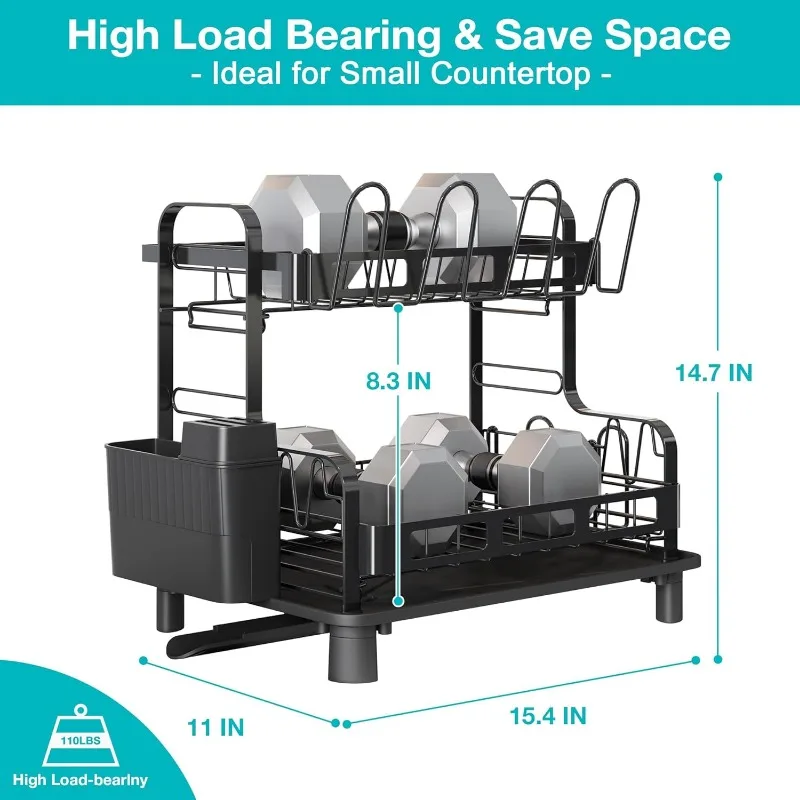 2 Tier Dish Drying Rack, Dish Racks for Kitchen Counter, Stainless Steel Dish Drainers with Cutlery Holder and Cup Rack