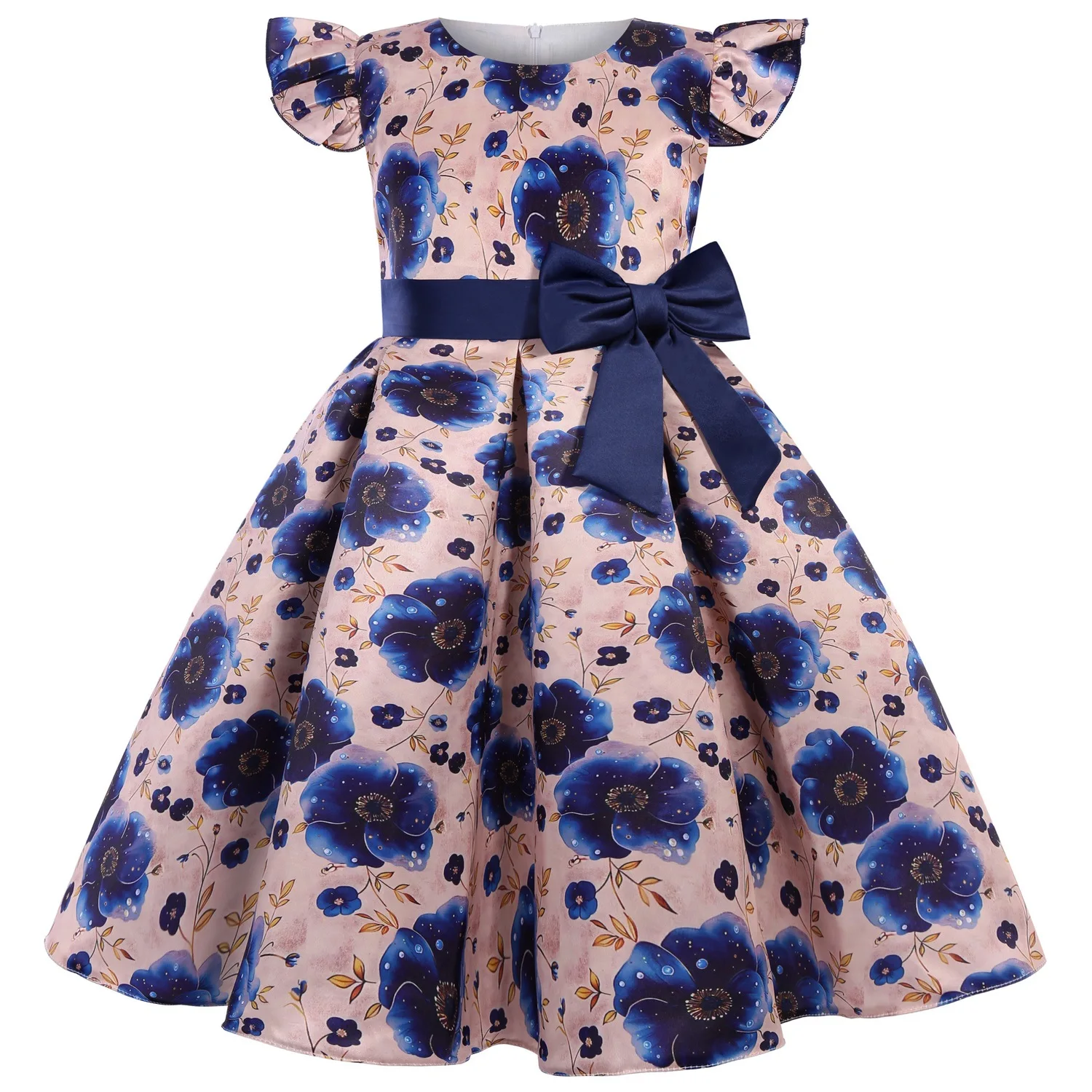 2-10 Years Girls Dress Summer Flowers Flying Sleeves Bow Girls Princess Dress Host Performance Costumes New Fashion Kids Clothes