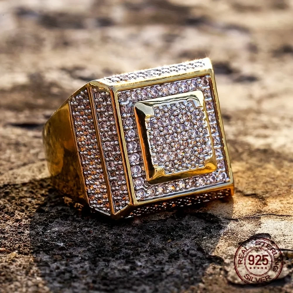 

Роскошное кольцо из серебра 925 пробы с позолотой 18 карат, блестящее кольцо в стиле панк-репер для мужчин, блестящее квадратное кольцо в стиле хип-хоп, мужские обручальные кольца