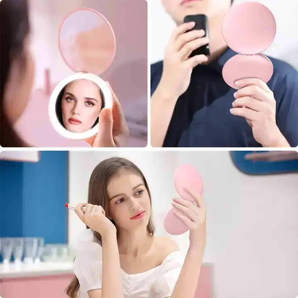 Compact Magnifying Makeup Mirror Portable Folding Cosmetic Mirror With Light Led Rechargeable Double Side Mini Mirror For Travel