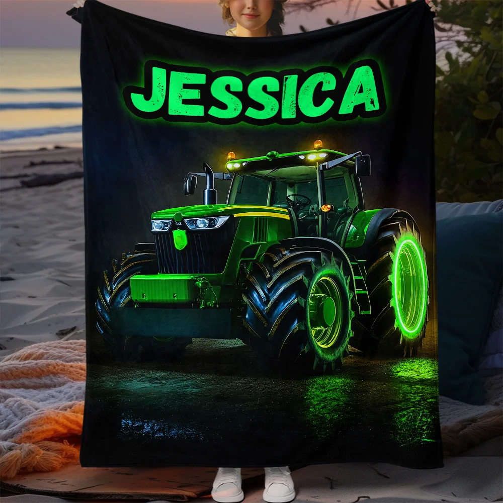 Custom name green tractor flannel blanket, suitable for sofas, beds, birthdays, children, friends, gifts