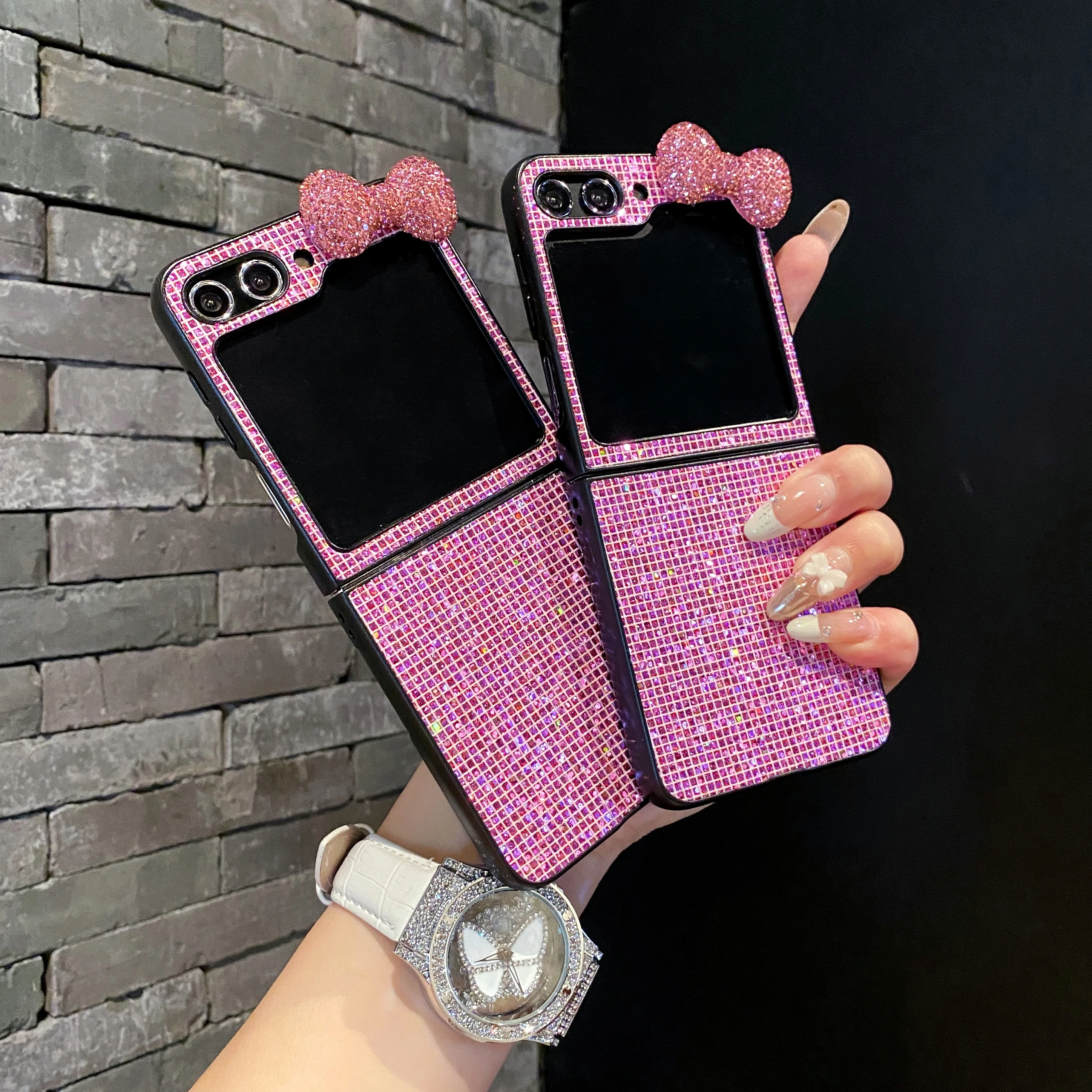 한국 귀여운 패션 3D 핑크 블링 다이아몬드 보우 노트 폰 케이스 삼성 갤럭시 Z 플립 6 5 4 3 5G 플립7FE 하드 충격 방지 커버