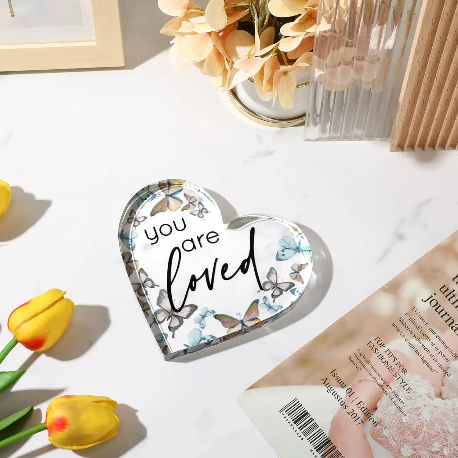 Yulejo Inspirational Butterfly Gift You Are Loved Decor Acrylic Heart Shaped Keepsake with Rustic Brown Butterflies for Women Coworker Lady Employee Appreciation Office Teacher Nurse Fall Gift
