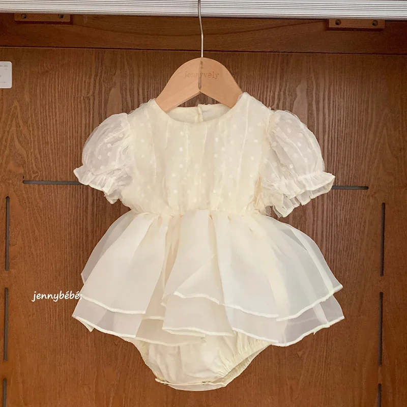 2026 New Summer Newborn Baby Girl Romper Short Sleeved Cotton Mesh Splicing Toddler Baby Girls Jumpsuit 0-24M Baby Girl Clothing 2