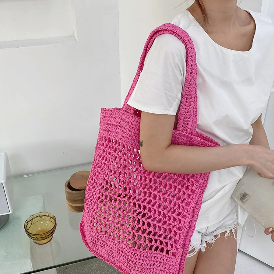 Borse a tracolla tessute vuote di grande capacità delle donne che lavorano a maglia borse di colore solido borsa Hobo all\'uncinetto borsa per lo