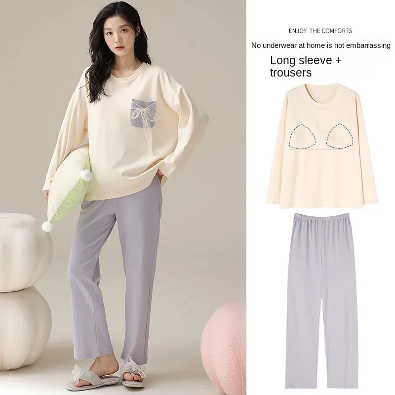 Self-contained Chest Pad Can Be Worn Outside Loose  Pullover All Cotton Loungewear Pajamas Ms. Spring and Autumn Long Sleeve