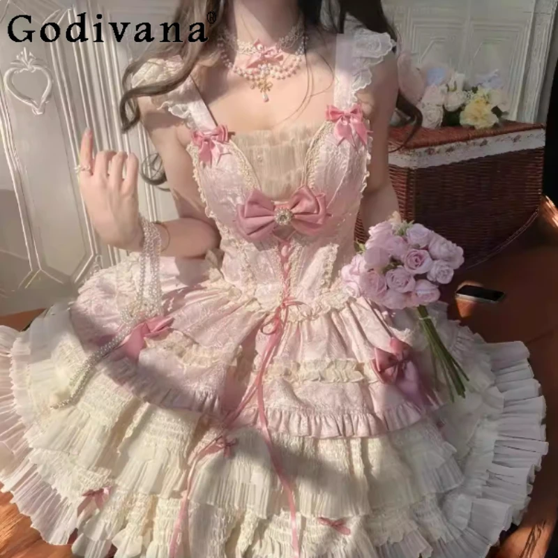 

Spring Summer Elegant Lolita Ballet Suspender Jsk Princess Cake Dress Fashion High Waist A-line Age-reducing Fairy Pink Dresses