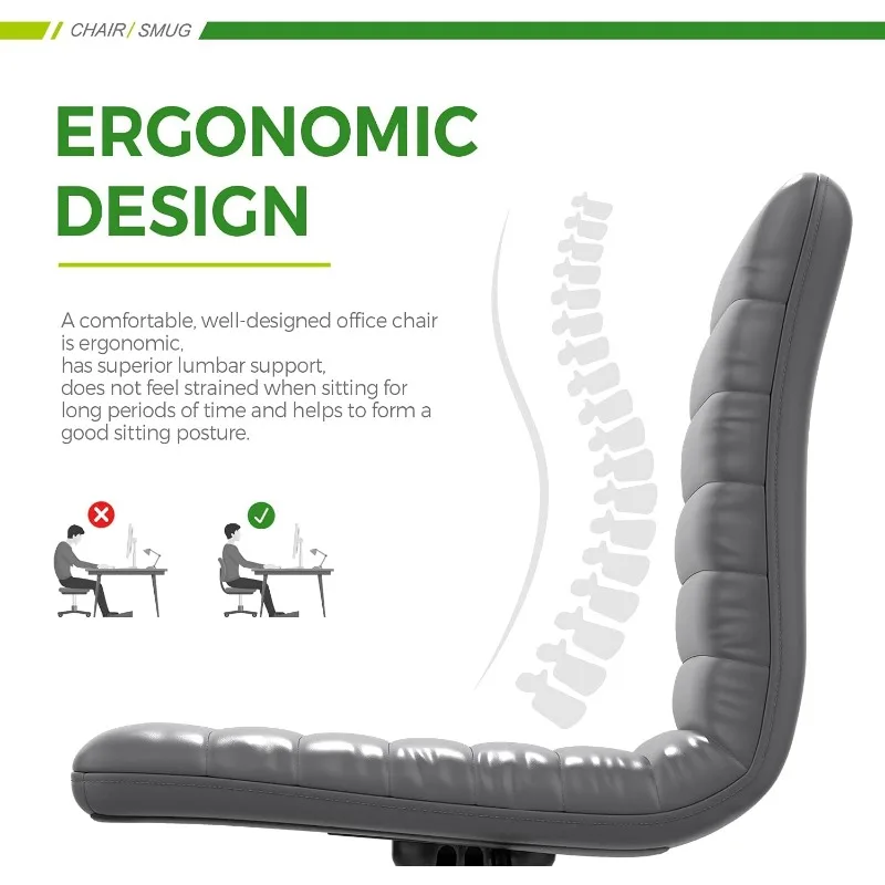 Armless Office Chair Leather Swivel Task Chair Mid Back Ribbed Home Office White Desk Chair for Adult