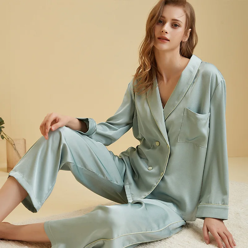 Luxury Satin Silk Sleepwear Low Cut Sexy Pajamas For Oversized Women Double-breasted Long Sleeves Wide Leg Pants Trouser Suits