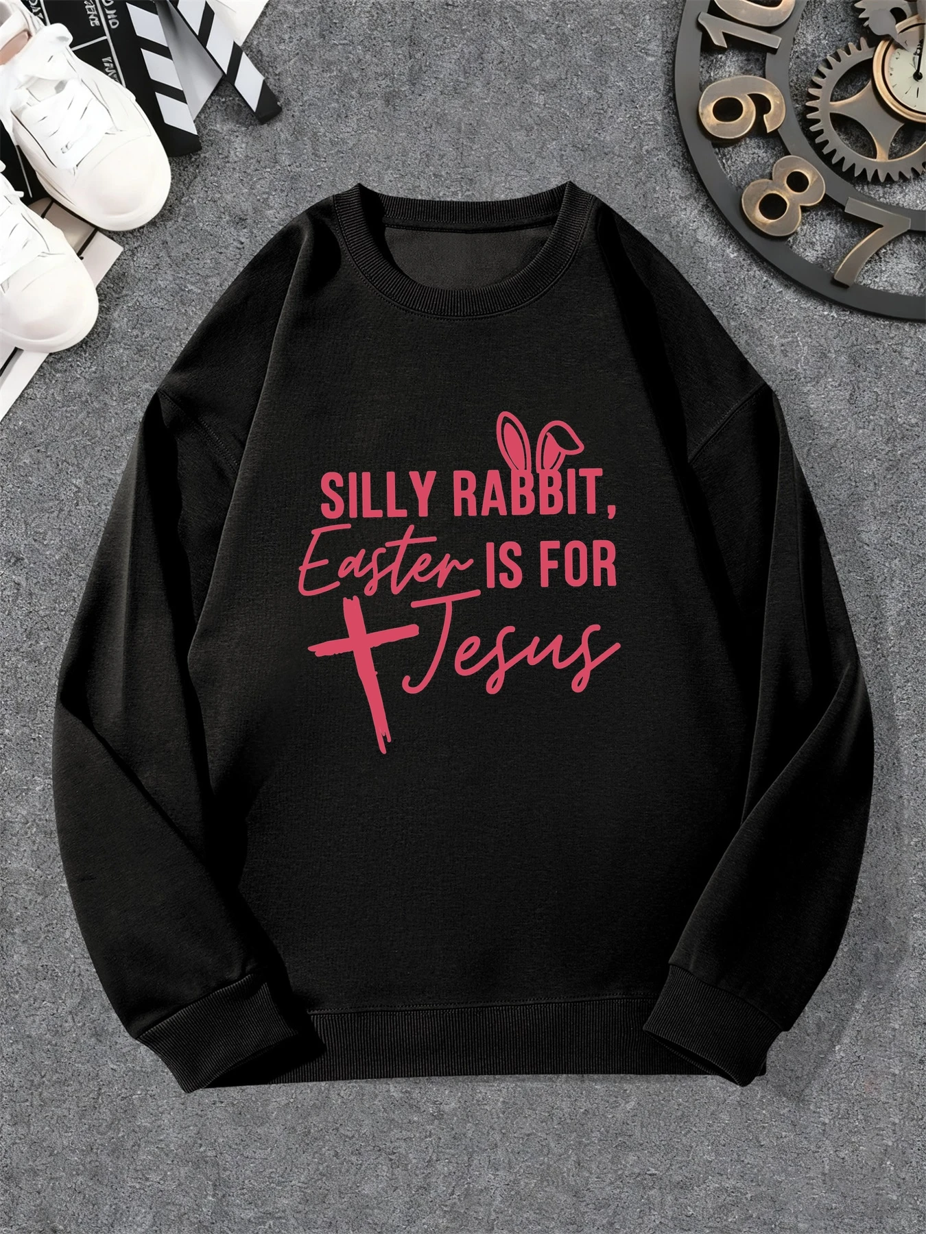 

Men'S Funny Christian Faith Sweatshirt - "Silly Rabbit Easter is for Jesus" Religious Slogan, Crewneck Pullover with Red Cross