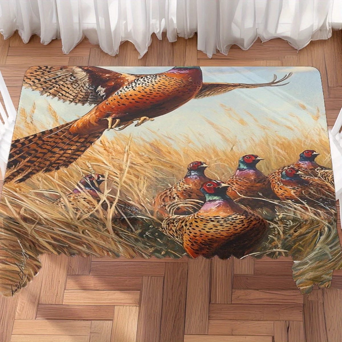 Wild Pheasant Grassland Hunting Scene Waterproof Tablecloth, Rectangular Cover Home Dining Wildlife Outdoor Themed Party Decor