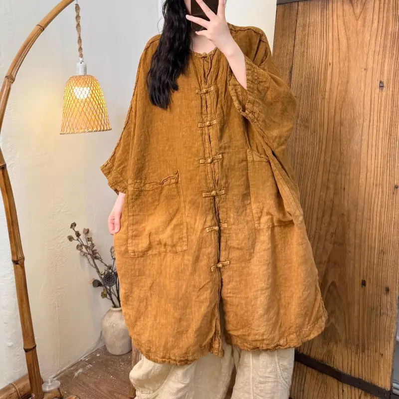 Summer New Arts Style Women Batwing Sleeve Loose Long Blouse High Quality Cotton Linen Single Breasted Gradient Vintage Shirt