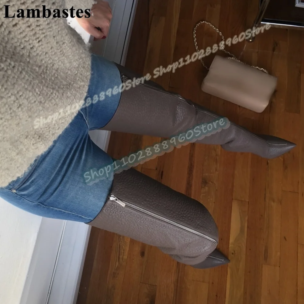 

Thigh High Coffee Color Leather Pointy Boots Thin High Heel Women Shoes Front Zipper Pointed Toe Sexy Party Stylish Women Boots