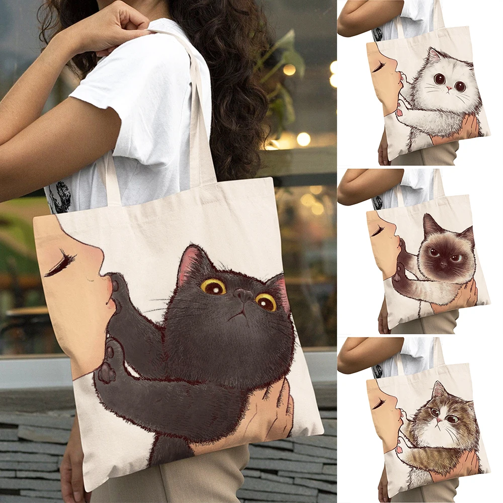 Bolso de compras informal divertido con diseño de beso de amor para mujer, bolso de compras de gran capacidad con doble estampado de animales de dibujos animados