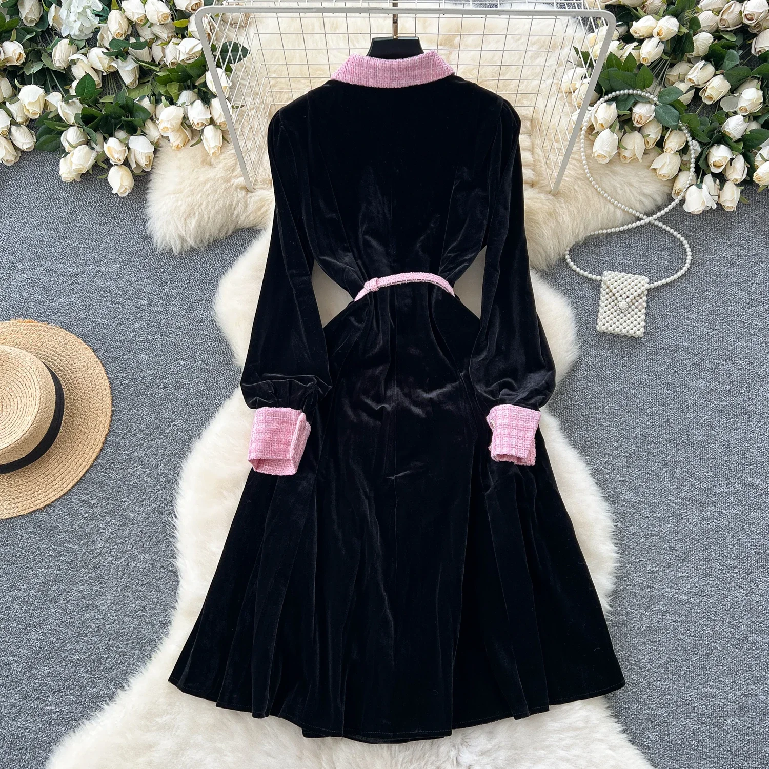 French Chic Elegant Long Sleeve Lapel Velvet Dress Sexy Vestidos High Waist Women Autumn Ceremonial Dress