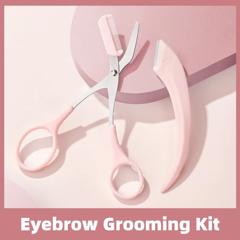 204-Kit de preparação de sobrancelhas: tesoura com pente de sobrancelhas, aparador, pinça de maquiagem e navalha de sobrancelhas pequena