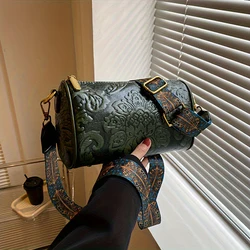 Fashionable Chinese style retro women's cylindrical bag, single shoulder crossbody bag, cylindrical embossed bag