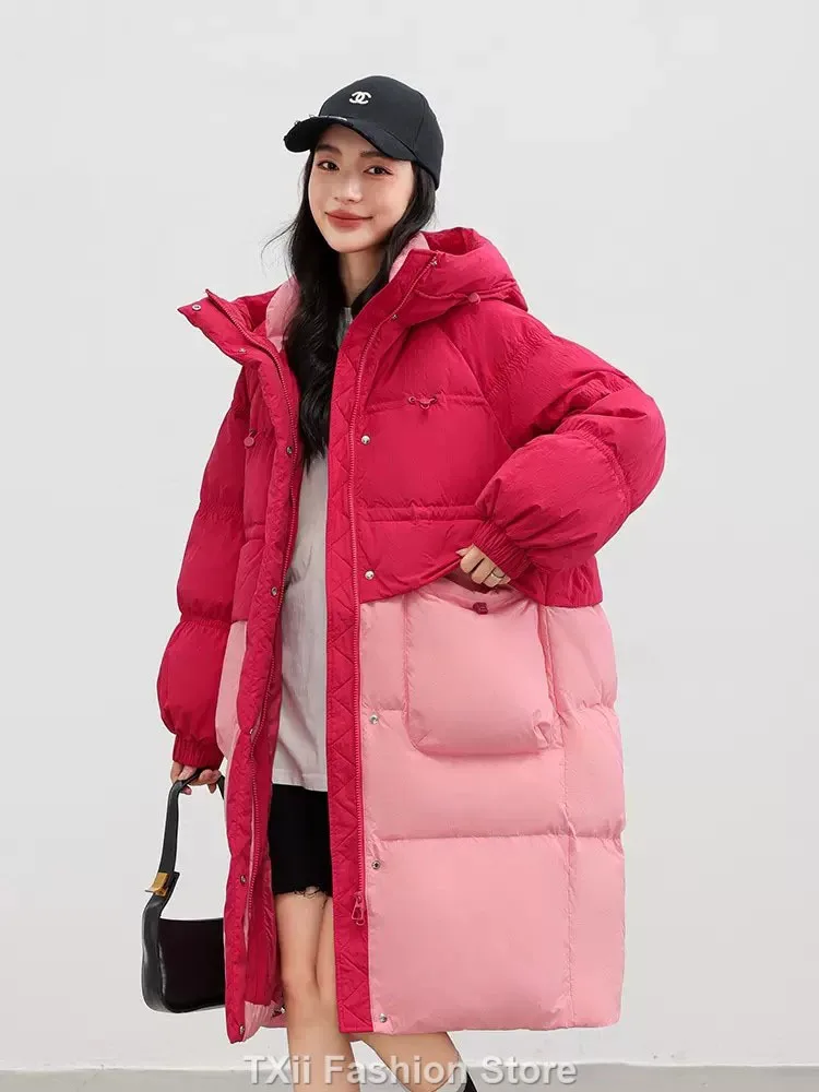 TXii Fashion Long down jacket for women winter 2023 New Color Contrast Over Knee lLoose Winter Puffer Jacket Trend Coat