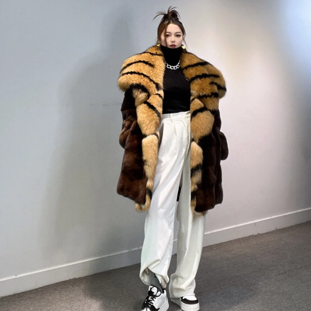 Pardessus en fourrure de vison véritable pour femmes, revers en fourrure de renard à rayures tigre, vêtements d'hiver pour femmes, manteaux de luxe, veste tendance, nouveau, 2024