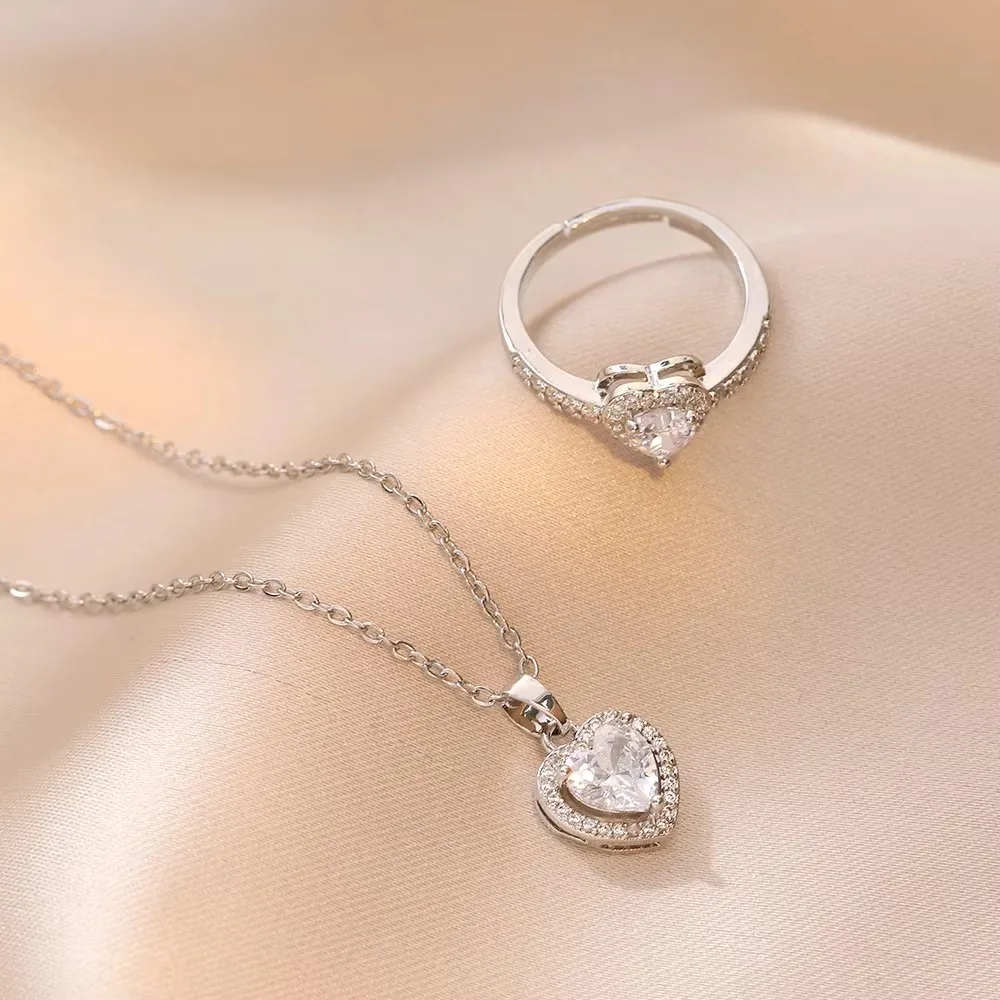 Charm Pink Heart Crystal Pendant Necklace for Women Temperament Silver Color Stainless Steel Collar Rings Jewelry Set Colorfast view 3